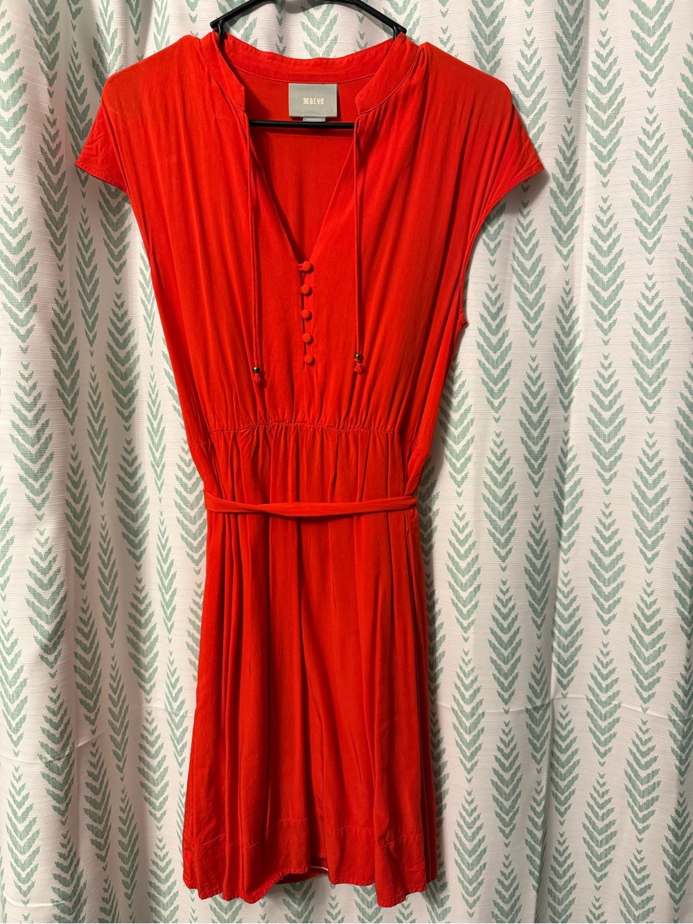 Maeve Bright Red Cap-Sleeve Tie-Waist Mini Dress